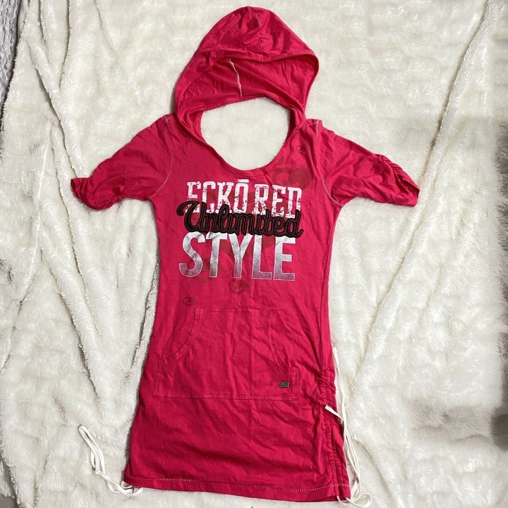 Eckored Women's Pink Cotton Drawstring-Hem Round Neck Separated-Hooded Shirt XS